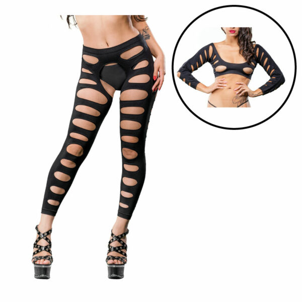 Black Varegated Holes Crotchless Legging