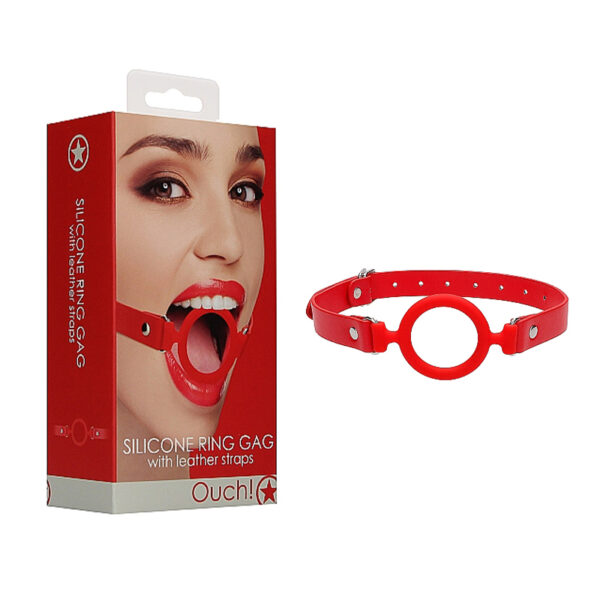 Silicone Ring Gag  w/ Leather Straps Red