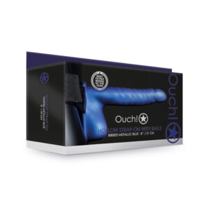 Ouch 8in Ribbed Hollow StrapOnWBalls Blu