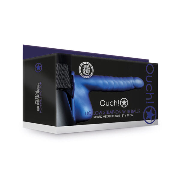 Ouch 8in Ribbed Hollow StrapOnWBalls Blu