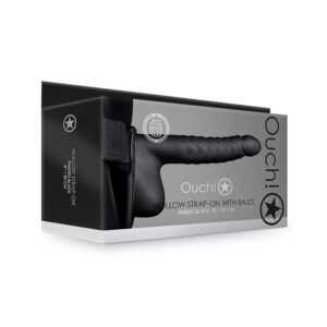 Ouch 8in Ribbed Hollow StrapOnWBalls Blk