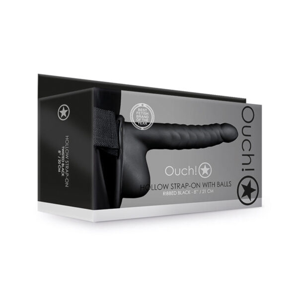 Ouch 8in Ribbed Hollow StrapOnWBalls Blk
