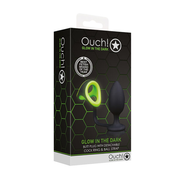 Ouch GITD Plug W/CRing & BallStrap Grn