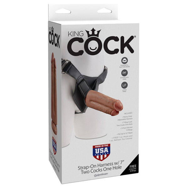 King Cock StrapOn 7in 2 Cocks 1 Hole Tan