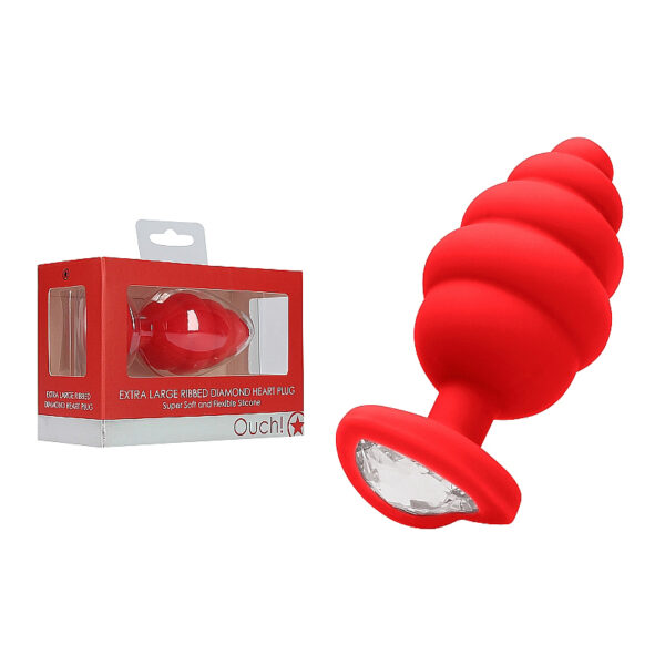 Ouch XLarge Ribbed Diamond HeartPlug Red